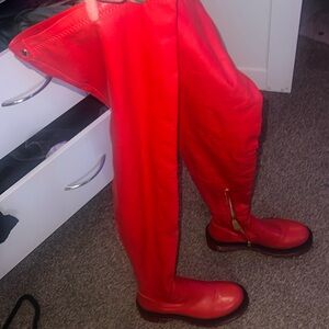 Red Knee High Pleather Boots Size 8